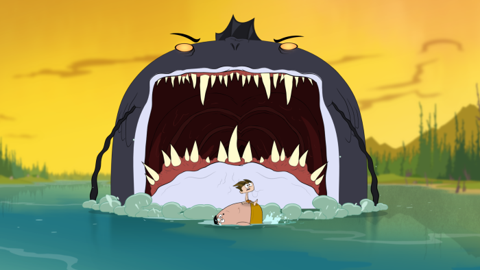 Camp Lakebottom – Episodic Still – Giant monster mouth emerging from the lake, campers in peril.