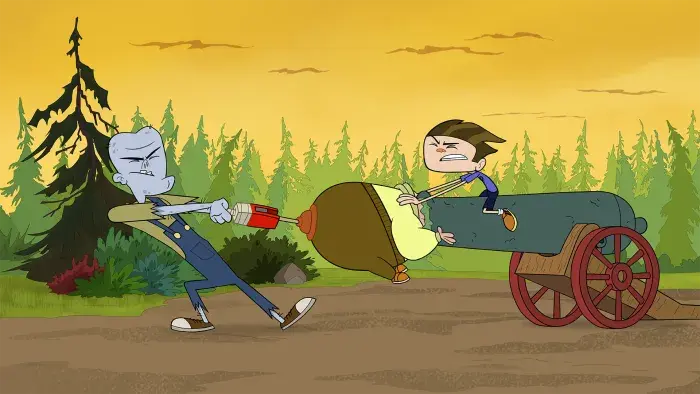 Camp Lakebottom – Episodic Still – Campers pulling a wagon through grassy terrain with determination.