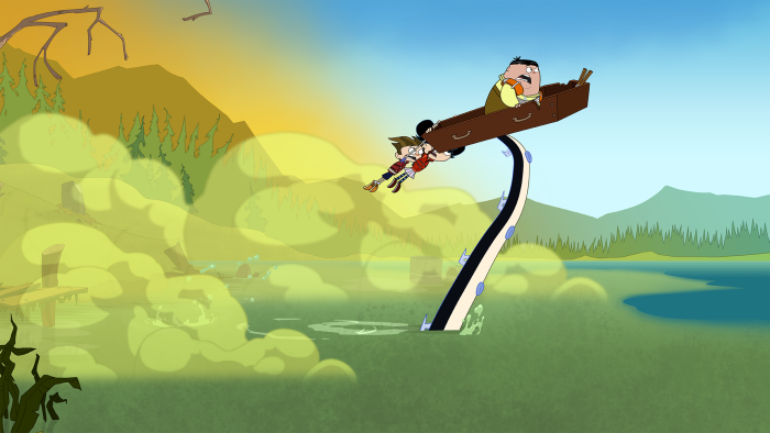 Camp Lakebottom – Episodic Still – Giant sea creature lunging with a raft and a camper in it.