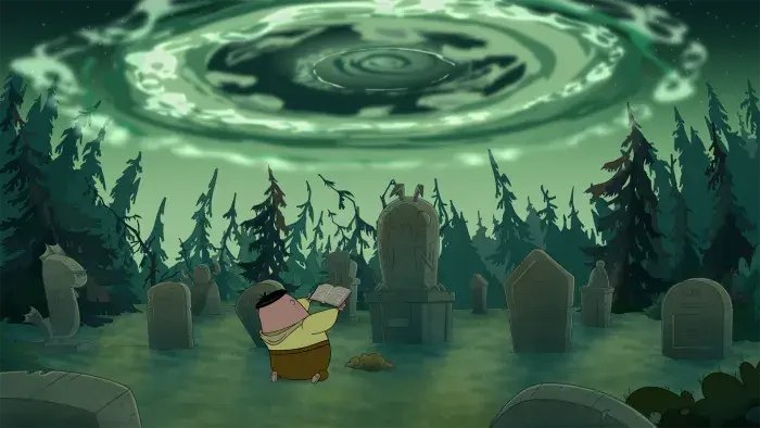 Camp Lakebottom – Episodic Still – Swirling green vortex forming in the forest as campers look on.