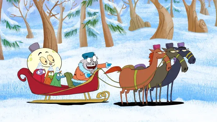 Let’s Go, Luna episodic still characters in a sleigh in the snow