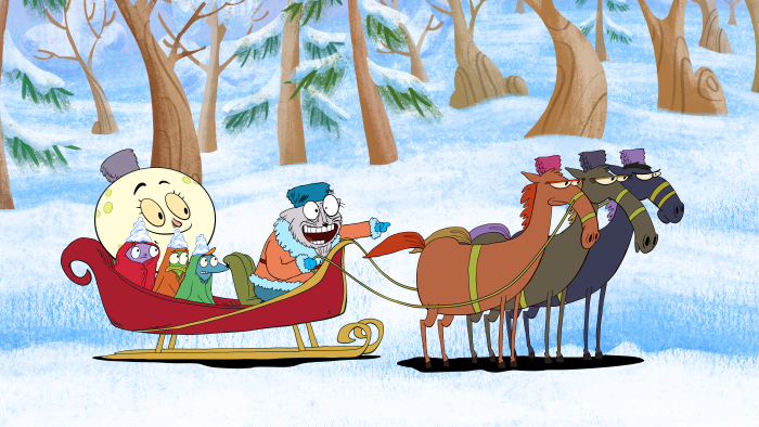 Let’s Go, Luna episodic still characters in a sleigh in the snow
