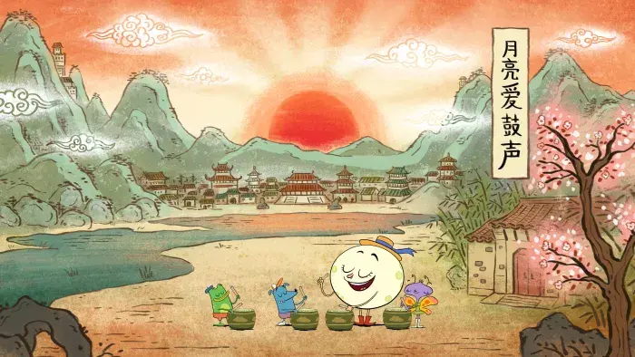 Let’s Go, Luna episodic still characters hanging out in a field near the river in Japan