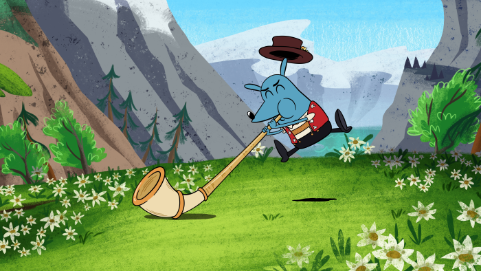 Let’s Go, Luna episodic still character in the Alps playing an instrument