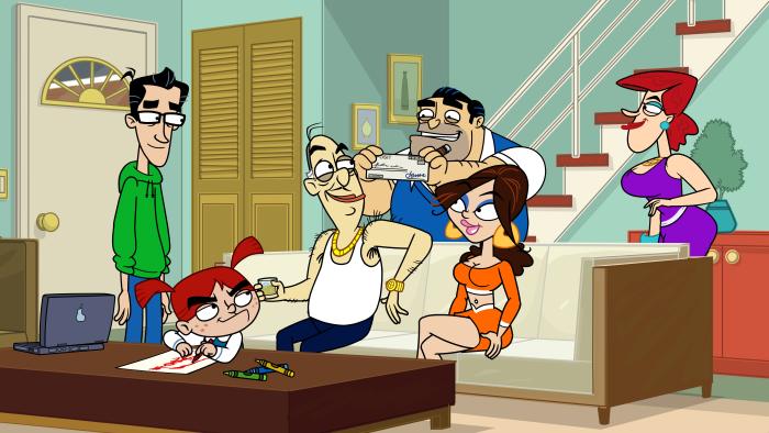 Fugget About It - Episodic Still - Family in living room on couch.