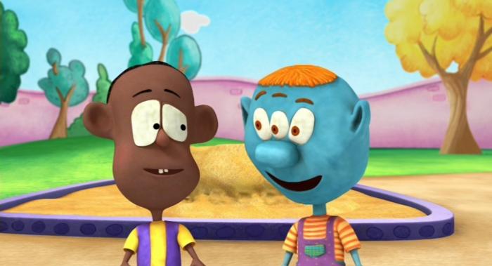Two animated characters standing near a sandbox in a colorful park with trees and a bright sky.